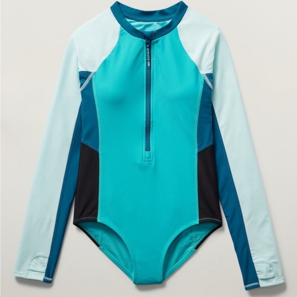 NWOT Athleta Girl Bora Bora Blue Rashguard One Piece Swimsuit Size XL/14
